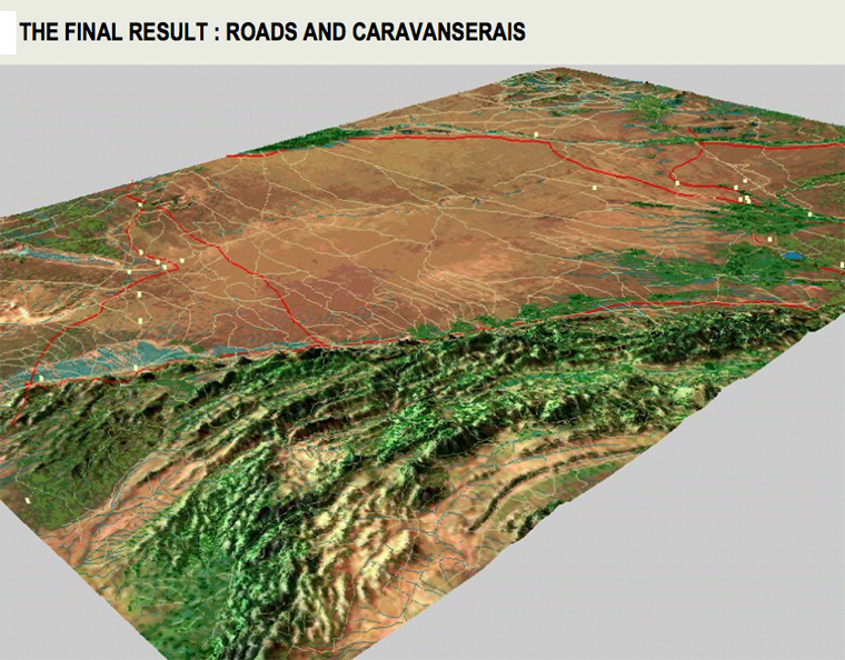 Roads and caravanserais integrated in a GIS. Roads are represented by red lines dotted by caravanserais symbolized by yellow dots. Data Processing : EVCAU Team. Background map : ESRI.