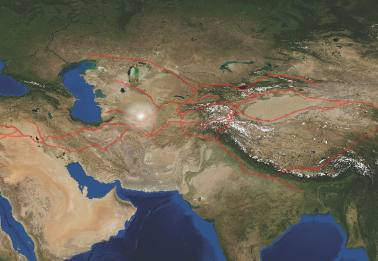 Central Asia and a representation of the major courses of the 'Silk Roads', indicating the pivotal western region