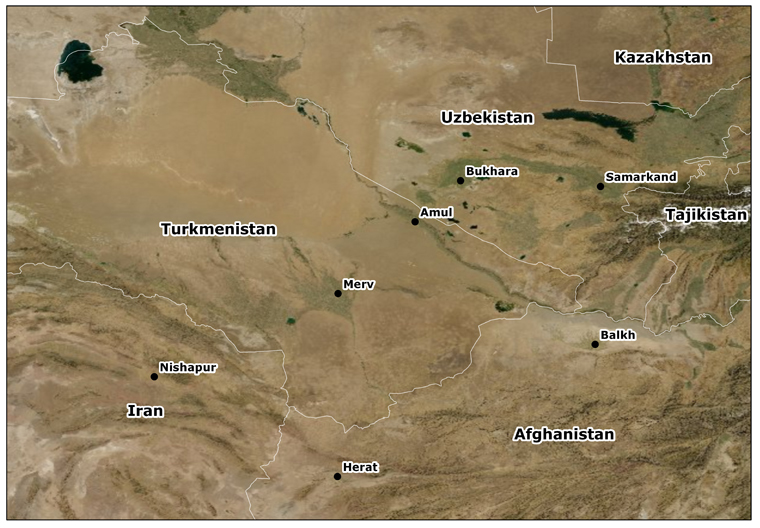 The region and cities discussed below on the borders of modern Turkmenistan, Iran, Afghanistan and Uzbekistan.