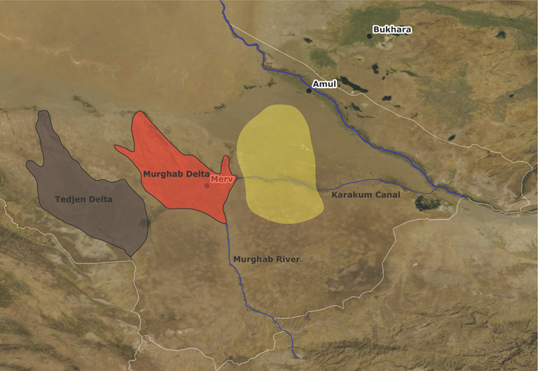 A map of the two major river deltas in southwest Turkmenistan and the Karakum Canal, showing the pilot study survey area in yellow.