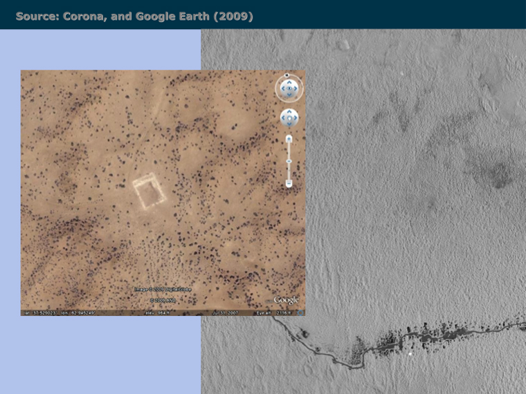 The comparison between Google Earth imagery (left) and Corona decommissioned satellite imagery (right).