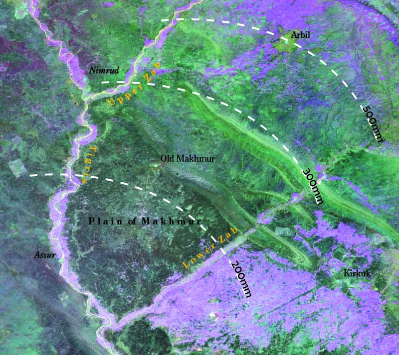 Pinkish areas indicate a high level of moisture in the ground due to artificial irrigation today, made possible by pumps running on petrol (Negative Landsat 7 ETM+ false colour).