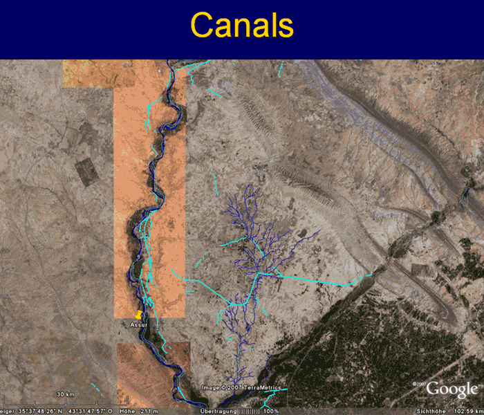 The canal system along the Tigris and within the Plain of Makhmur (turquoise/red lines). The features dating it vary from the Middle Assyrian to the Early Islamic period.